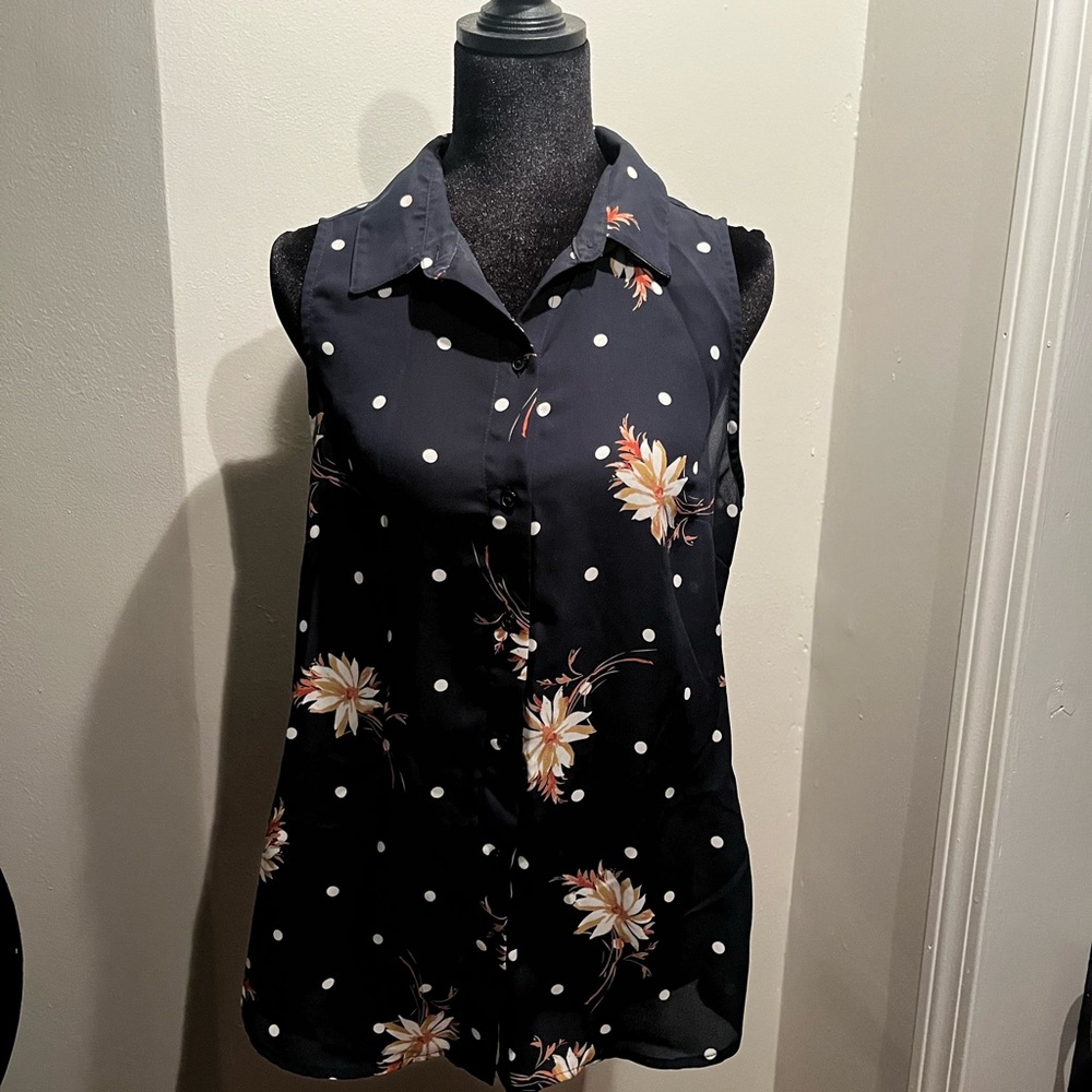 Banana Republic Navy Floral Polka Dot Tank Top